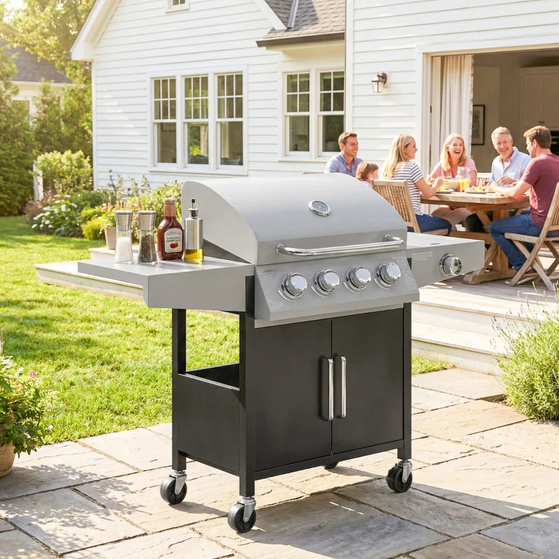 4+1 Burner Liquid Propane Gas Grill, Outdoor Portable BBQ Grill with Side Burner, Warming Rack, Side Shelf