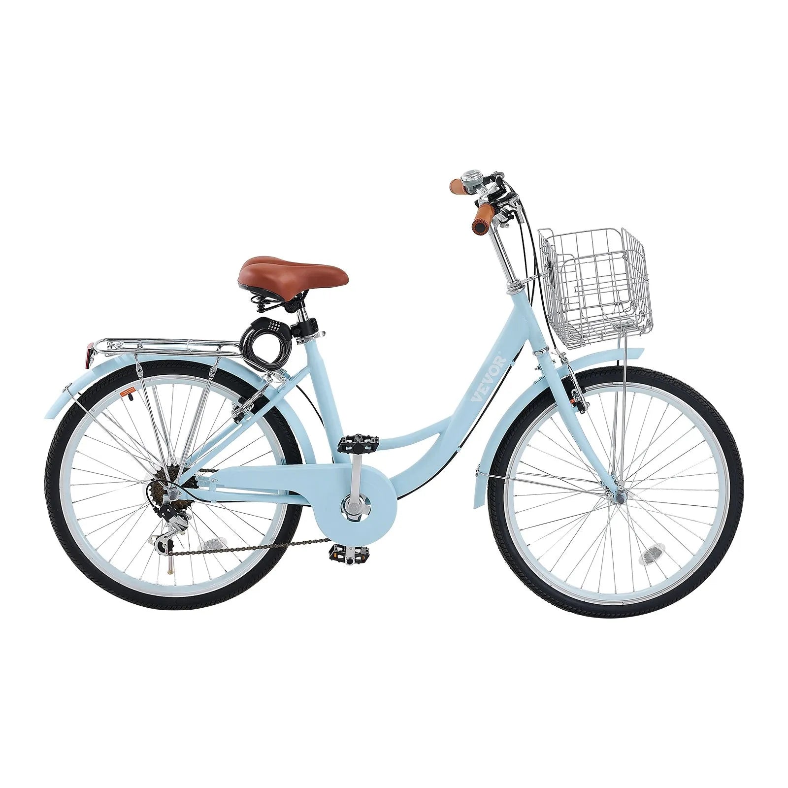 VEVOR 26-Inch Cruiser Bike 7-Speed Light Blue Beach Cruiser Bike with Basket
