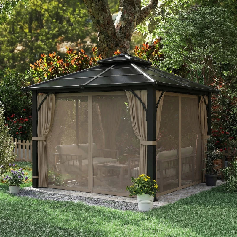 10' x 10' Hardtop Gazebo with 7mm Double Polycarbonate Roof, Outdoor Gazebo with Netting and Curtains, Khaki