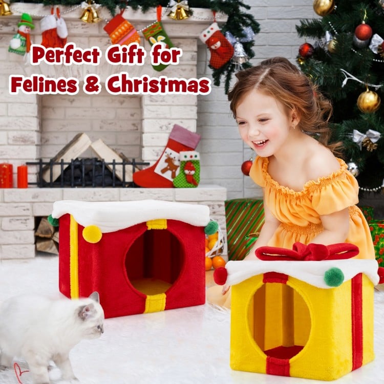 2 Gift Box Shaped Cute Christmas Cat House with Bow-Multicolor