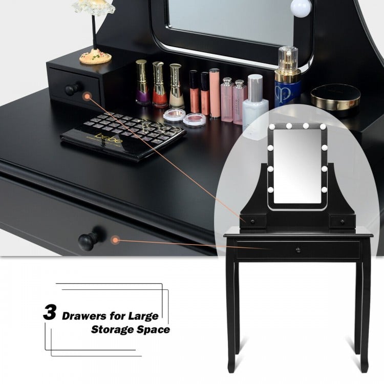 10 LED Lighted Mirror and 3 Drawers Vanity Table Set-Black