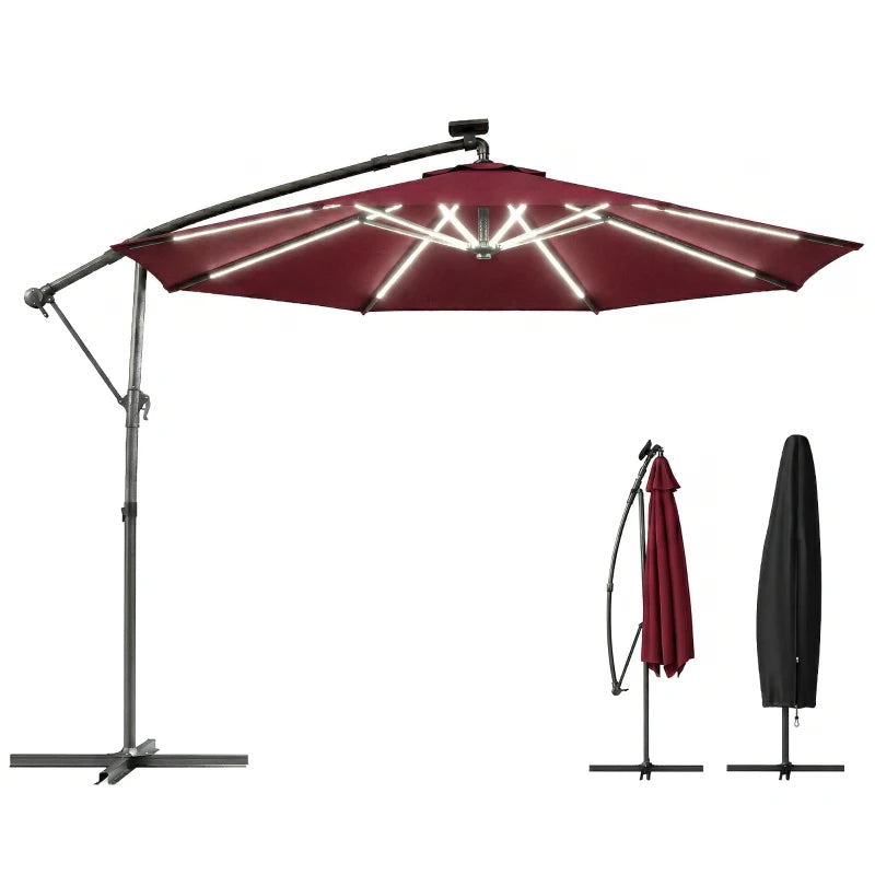 10 ft Offset Patio Umbrella with Solar Light, Garden Hanging Parasol with 360° Rotation, Tilt, Cover, Wine Red