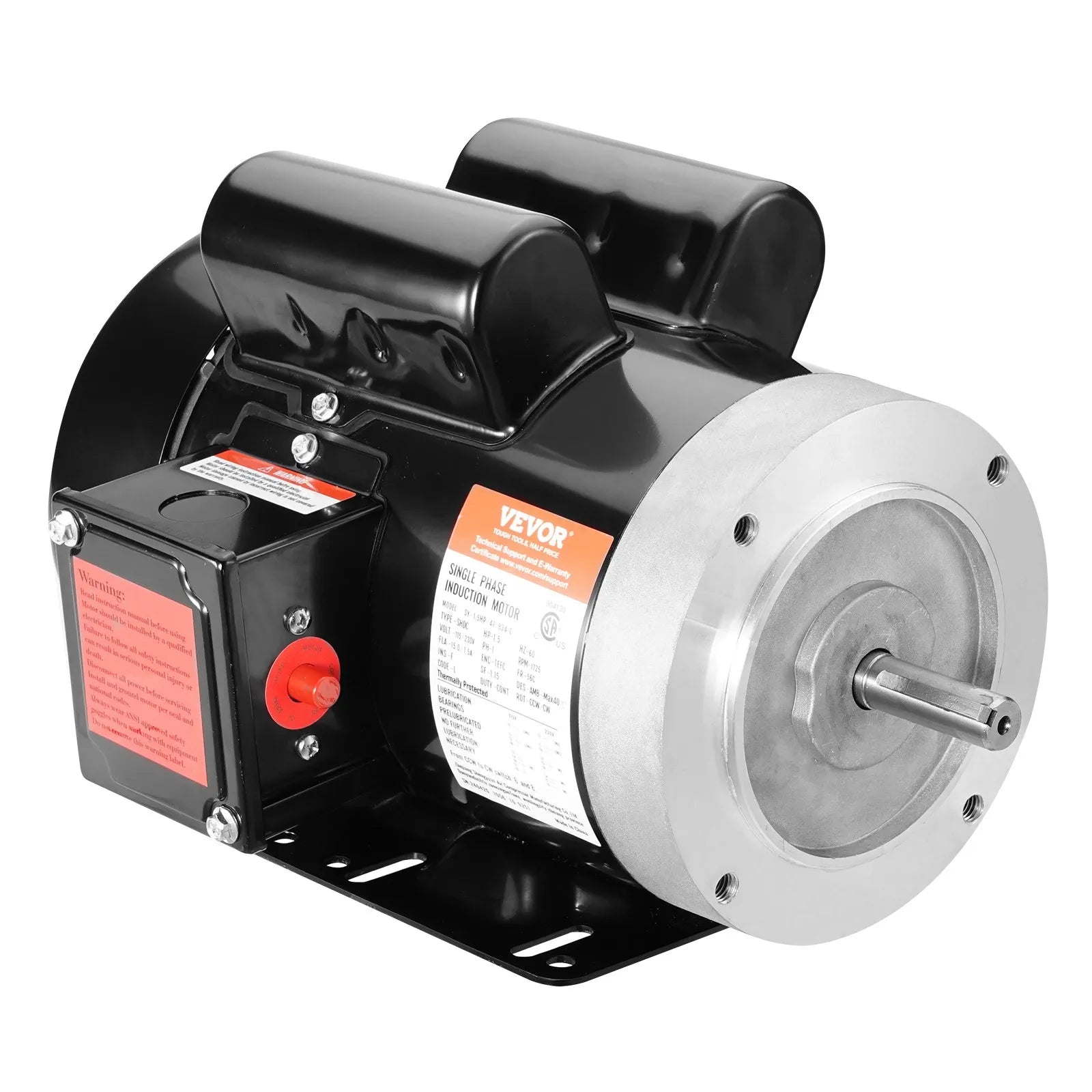 VEVOR 1.5HP Electric Motor 1725RPM AC115/230V 56C Frame 1-Phase 5/8" Keyed Shaft