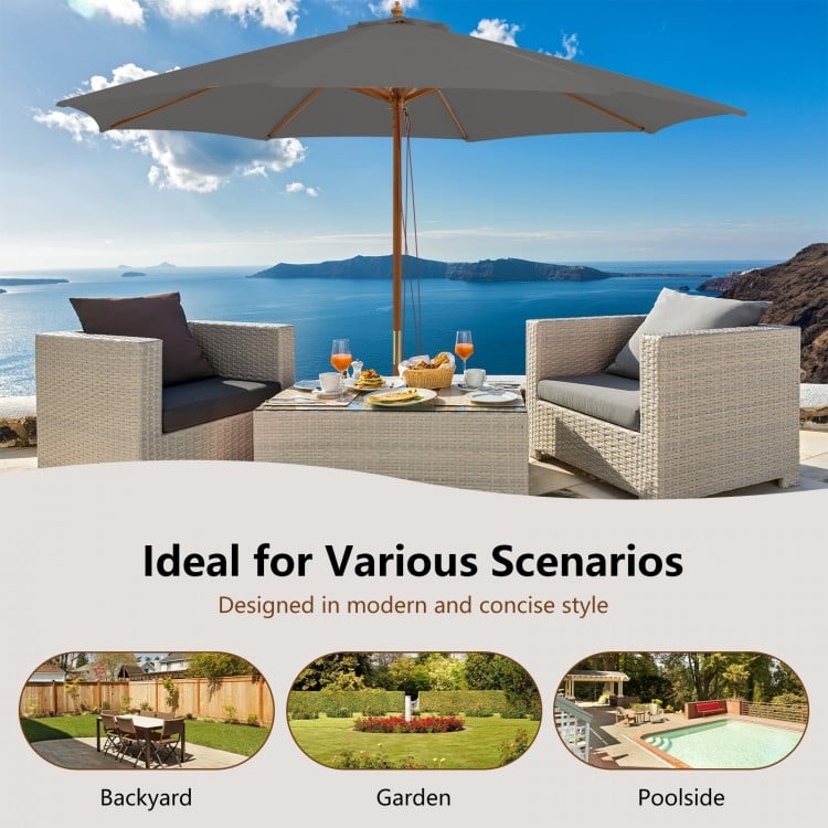 10 Feet Patio Umbrella with 8 Wooden Ribs and 3 Adjustable Heights-Gray