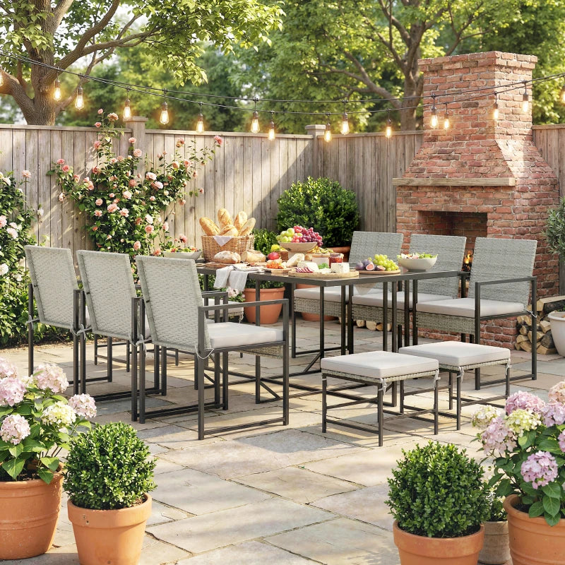 11 Pieces Wicker Patio Dining Set, Rattan Outdoor Furniture Set with 6 Armchairs, 4 Stools, Light Grey