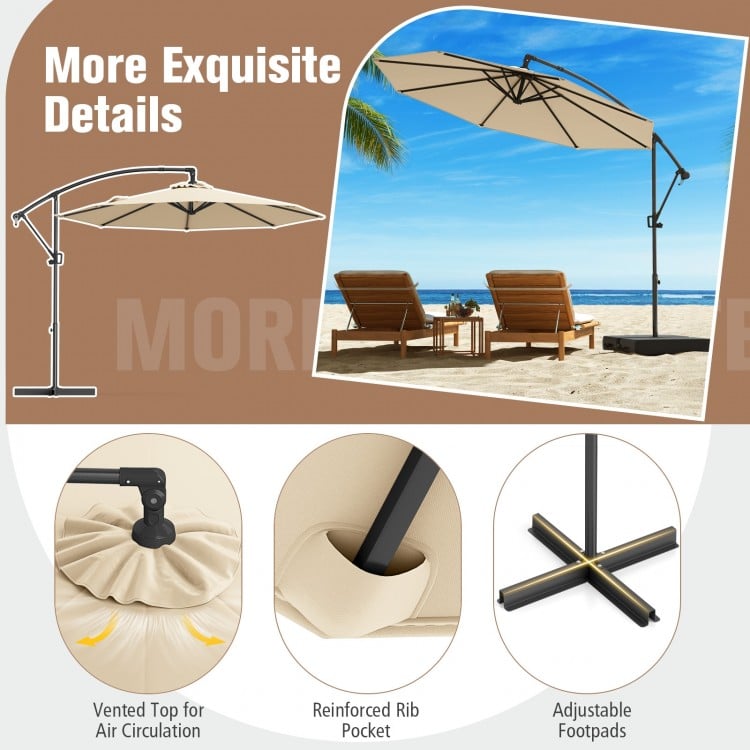 10 Feet Offset Hanging Umbrella with Base and Infinite Tilt-Beige