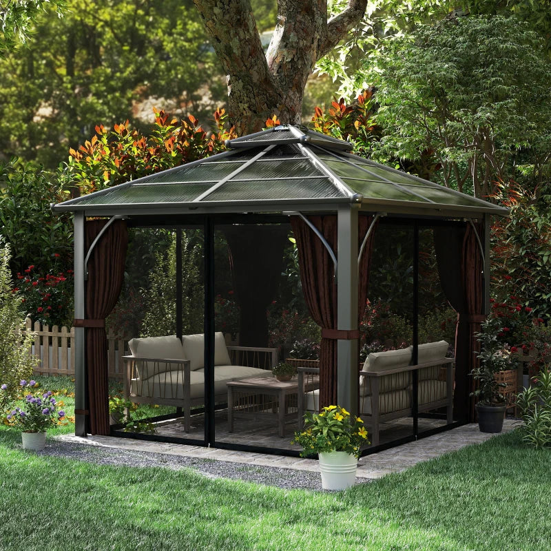 10' x 10' Hardtop Gazebo with 7mm Double Polycarbonate Roof, Outdoor Gazebo with Netting and Curtains, Coffee