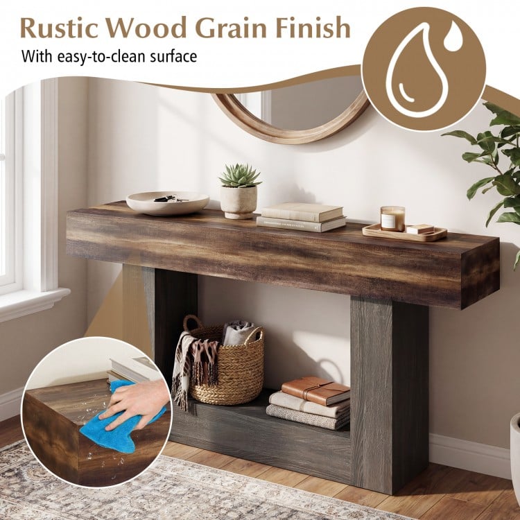 2-Tier Farmhouse Console Table 63" Long with Storage Shelf-Rustic Brown