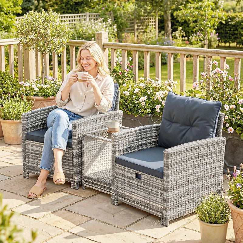 5 Piece Patio Furniture Set, Wicker Patio Chairs with Ottomans, 2-Tier Glass Coffee Table and Cushions, Grey/Dark Grey