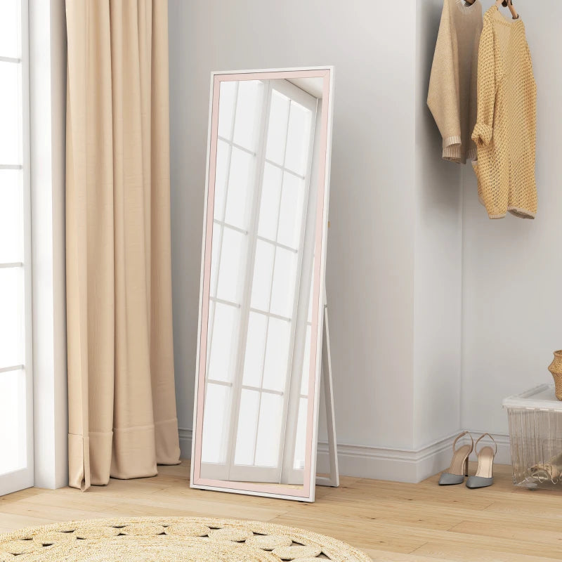 64" x 21" Full Length Mirror, Rectangular Full Body Mirror with Frame, Standing, Hanging or Leaning, White and Pink