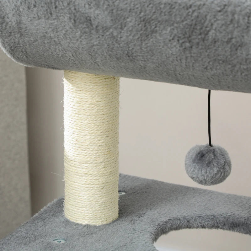 Small Cat Tree with Perch, Scratching Posts, Pad, Bed, Toy Balls, Light Grey