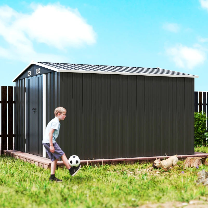 10' x 10' Metal Shed, Heavy Duty Outdoor Storage Shed with 4 Vents and Lockable Double Doors, Dark Grey