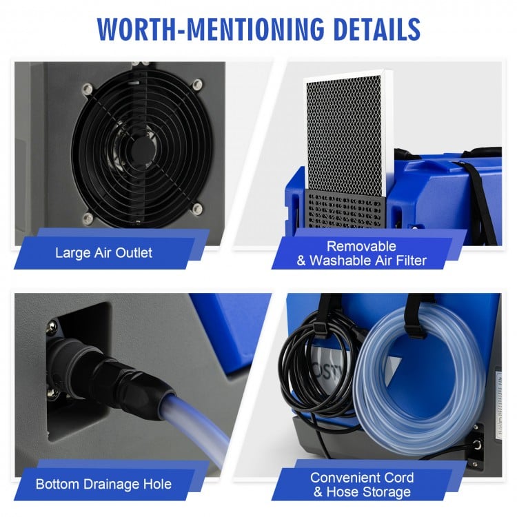 180 PPD Commercial Dehumidifier with Pump Drain Hose and Wheels-Blue