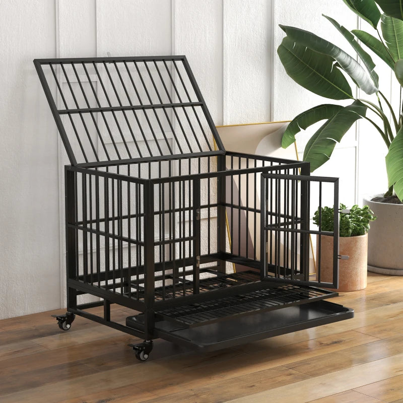 36" Heavy Duty Steel Dog Crate Kennel Pet Cage with Wheels for Convenient Access Anti-Pinching Floor, Grey