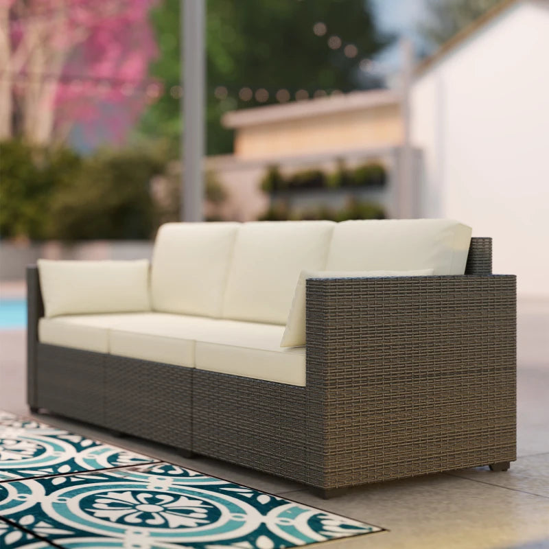 3-Seater Outdoor Sofa with Cushions, PE Rattan Conversation Patio Couch with Pillows for Garden, Poolside, Cream White