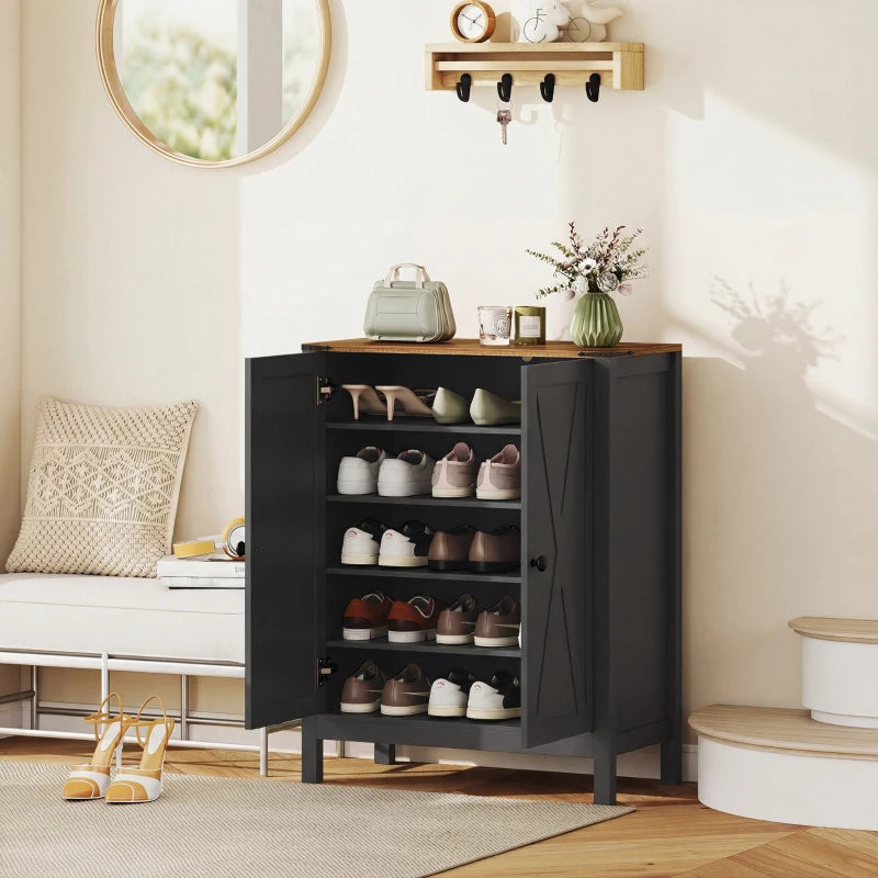 Shoe Cabinet with Barn Doors, Farmhouse Shoe Storage Cabinet with Adjustable Shelves, Holds up to 15 Pairs, Black