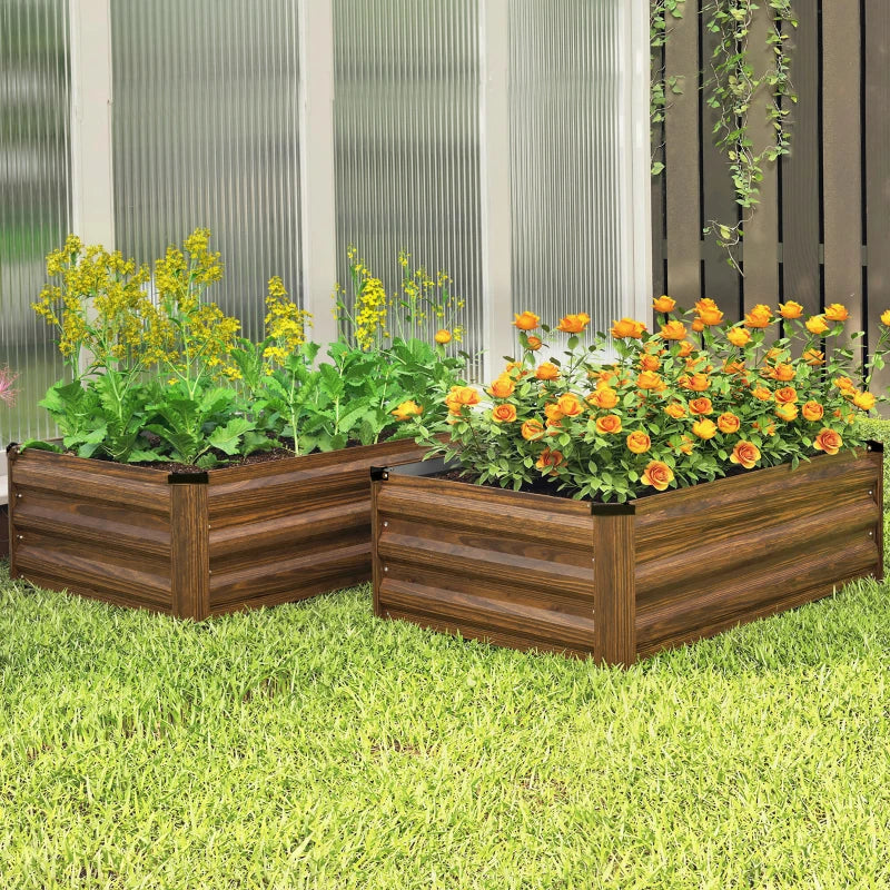 Set of 2 Galvanized Raised Beds for Garden, Outdoor Planter Box for Flowers, Herbs and Vegetables, Dark Brown