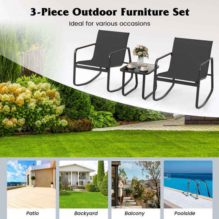 2 Rocking Bistro Chairs and Glass-Top Table for Porch Yard Balcony-Black