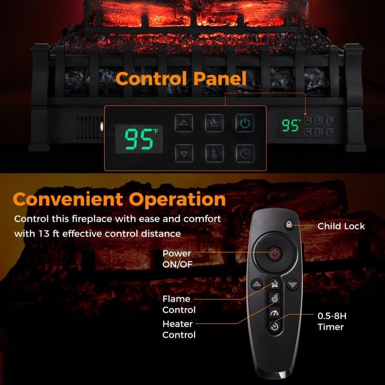 23 Inch Infrared Quartz Electric Fireplace Pinewood Log Heater with Adjustable Flame-Black