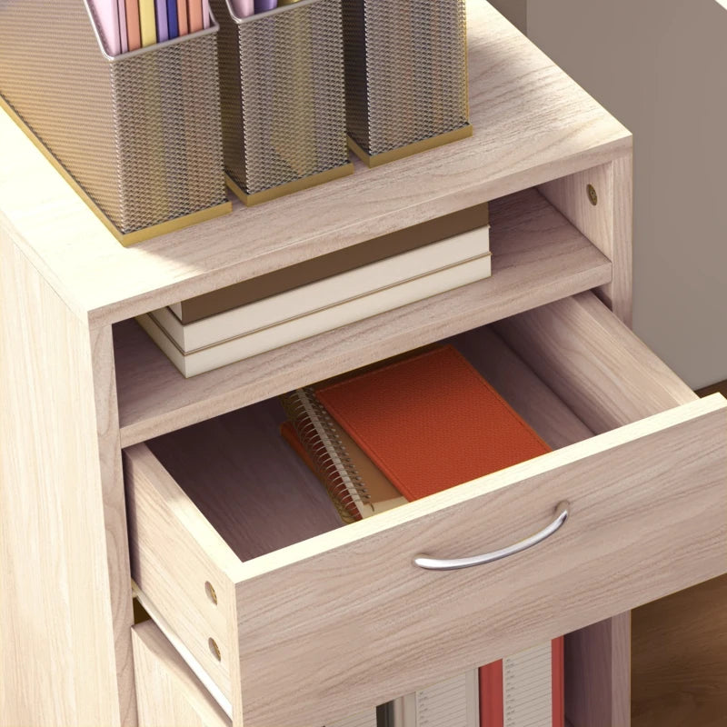 24" Small Filing Cabinet with Open Compartment, Drawer and Wheels, Home Office Storage Cabinet, Oak