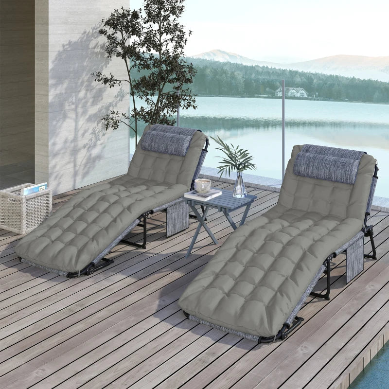 2-Piece Folding Lounge Chairs with Adjustable Backrest, Tanning Chair with Cushion, Side Pocket, Headrest, Grey