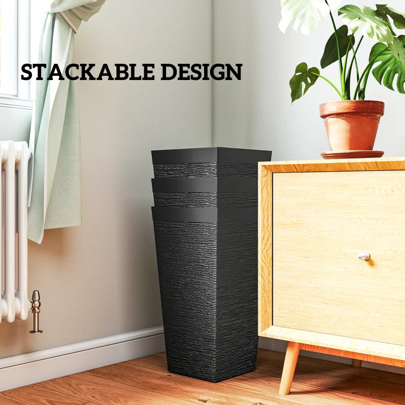 22.8" Tall Planters Set of 3, Indoor Outdoor Taper Planters with Stone Finish, Wheels and Drainage Hole, Black
