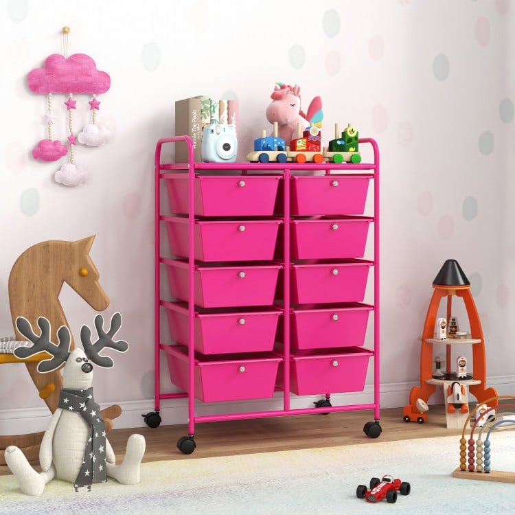 10-Drawer Rolling Storage Cart-Pink