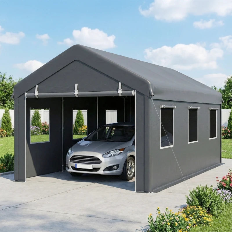 10' x 20' Carport, Heavy Duty Portable Garage with 6 Mesh Windows and 2 Doors, Dark Grey