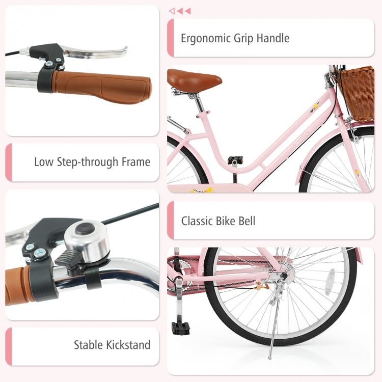 26 Inch Beach Cruiser Bike for Women with Woven Basket and Rear Rack - Pink