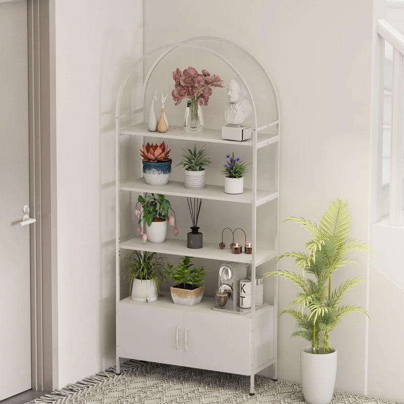 4-Tier Arched Shelving Unit with Cabinet, Bookshelf for Living Room, Office, 31.5" x 11.8" x 73.6", White