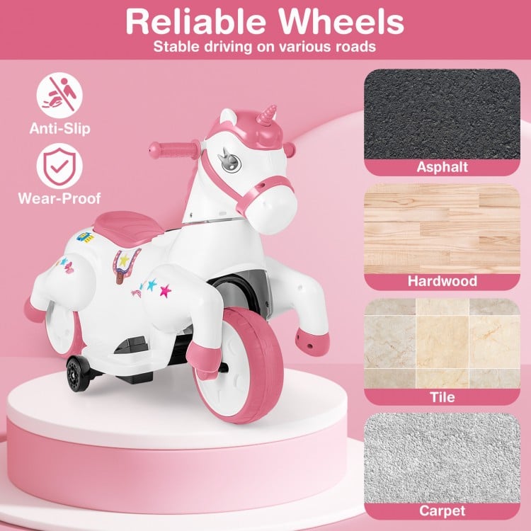 12V Unicorn Ride on Toy with Training Wheels and Horse Riding Mode-Pink