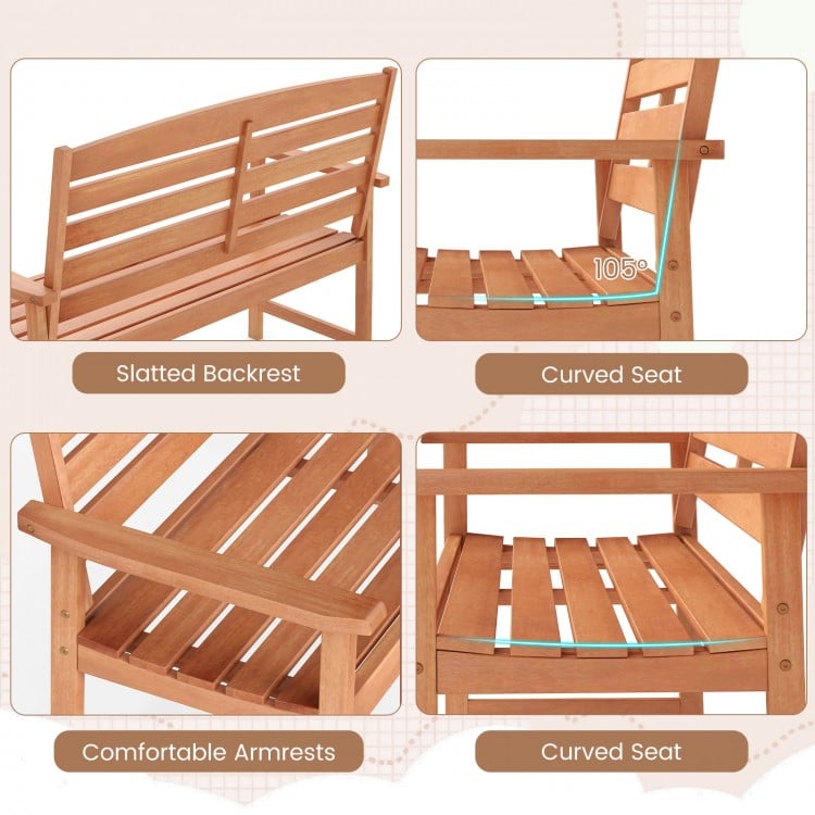 2-Person Wooden Garden Bench with Slatted Backrest and Comfortable Armrests