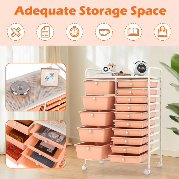 15-Drawer Utility Rolling Organizer Cart Multi-Use Storage-Peach