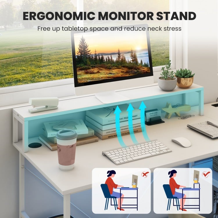 2-Person Reversible Computer Desk Long Office Desk with LED Lights-White