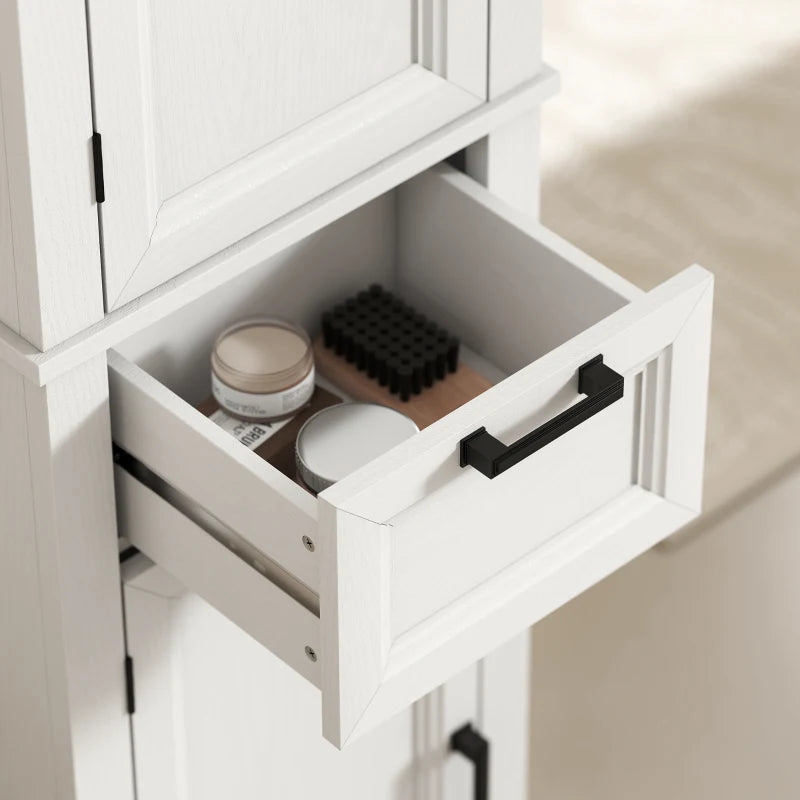 65" Tall Bathroom Storage Cabinet, Freestanding Farmhouse Slim Bathroom Cabinet with 2 Doors, Shelves and Drawer, White