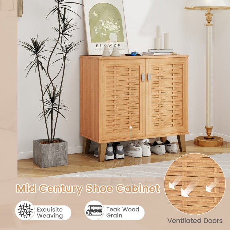 2-Door 4-Tier Shoe Cabinet Storage Organizer with Ventilated Woven Doors-Teak
