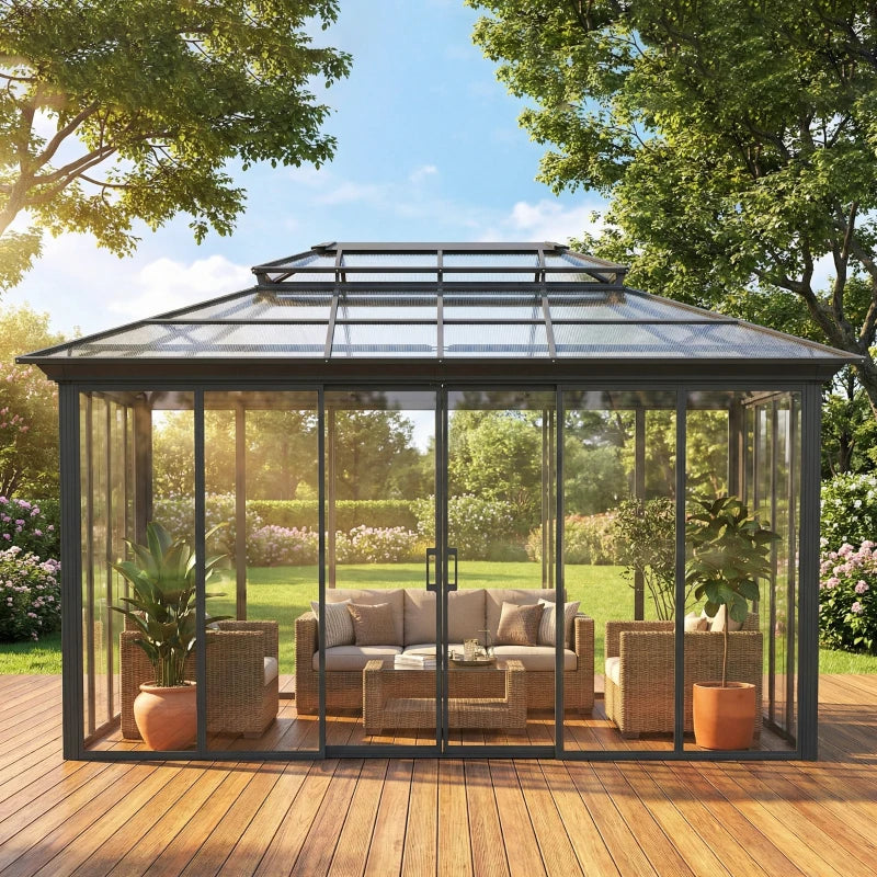 10' x 14' Outdoor Hardtop Gazebo, Aluminum Sun Room Solarium with Sliding Doors, Double Roof Patio Gazebo, Dark Grey