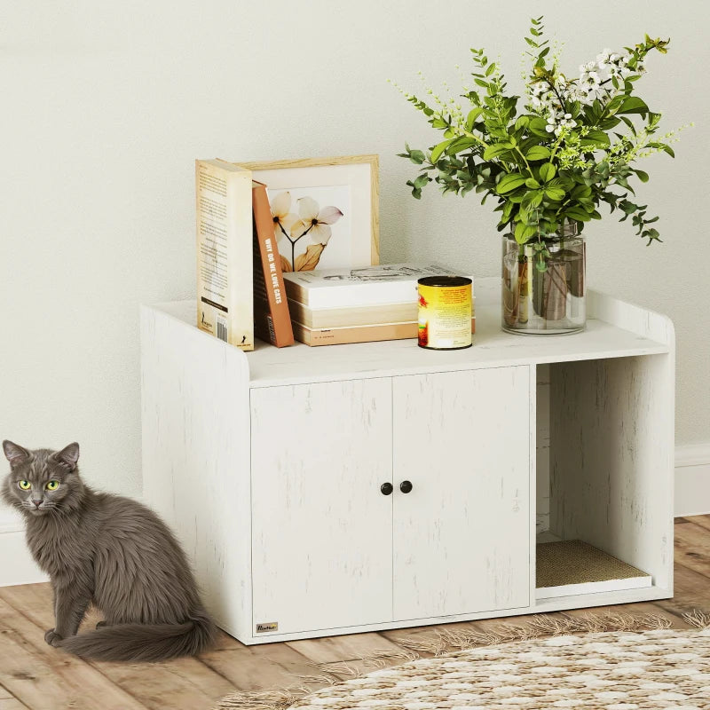 32" Cat Litter Box Enclosure with Scratching Mat, Cat Entrance, Fit Most of Cat and Litter Box, Distressed White