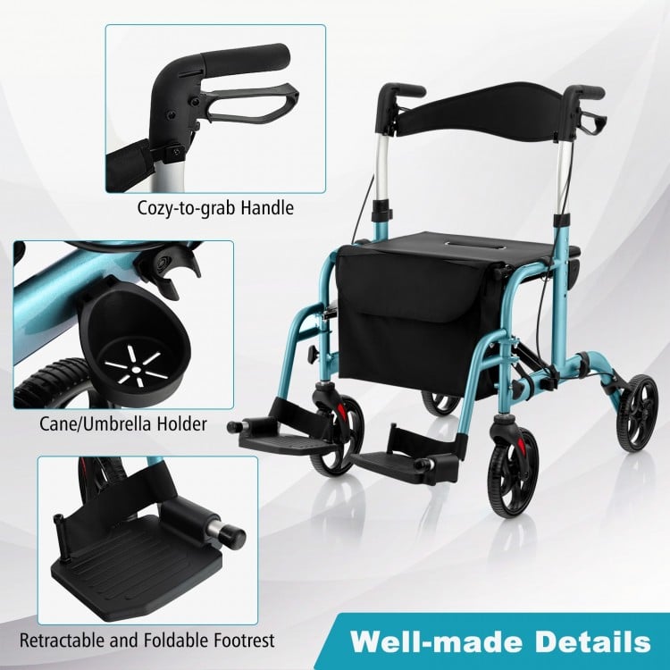 2-in-1 Adjustable Folding Handle Rollator Walker with Storage Space-Blue