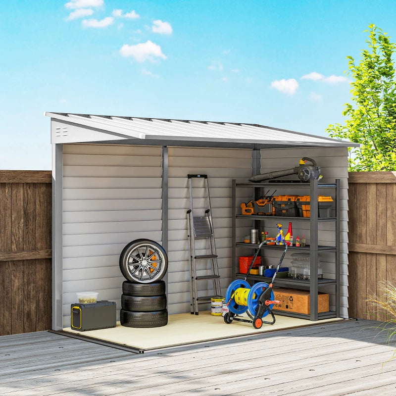 4.6' x 9' Steel Outdoor Storage Shed, Lean to Shed, Metal Tool House with Foundation Kit, Lockable Doors, Gloves and 2 Air Vents for Backyard, Patio, Lawn, White