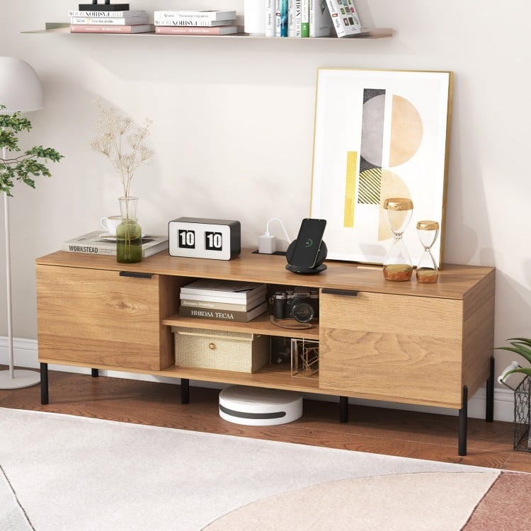 2-Door TV Stand with Charging Station and Open Shelves for TVs up to 65 Inches-Natural