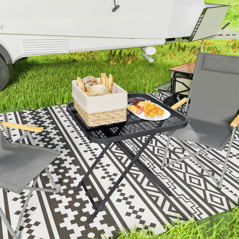 27.5" Square Outdoor Patio Table, Outdoor Folding Table with Grid Rattan-Like Top for Camping, Picnic, Black