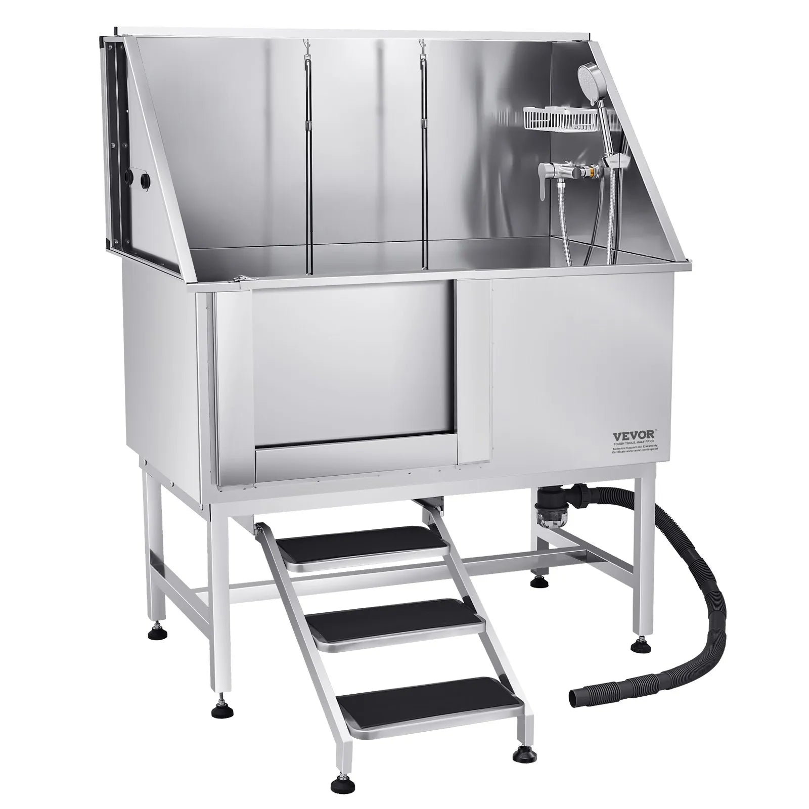 VEVOR 50 Inch Dog Grooming Bath Tub Stainless Steel w Stairs Water Filter Left