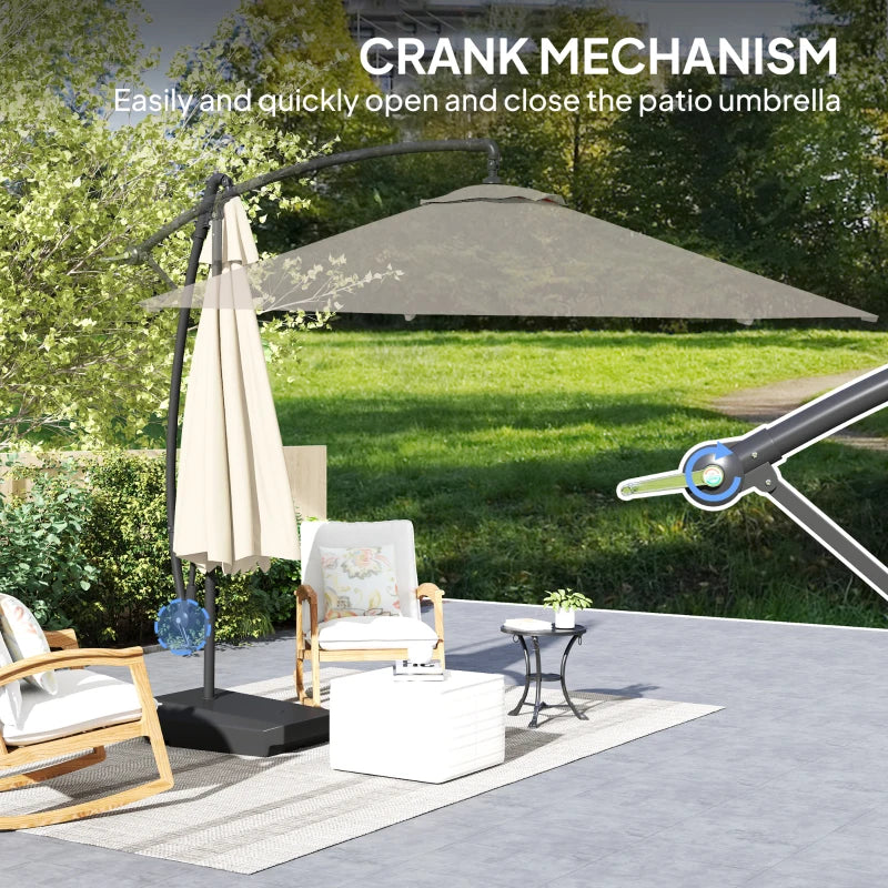 10FT Cantilever Umbrella with Fillable Base, Wind Strap and Cover, Offset Hanging Umbrella with Crank, Cream White