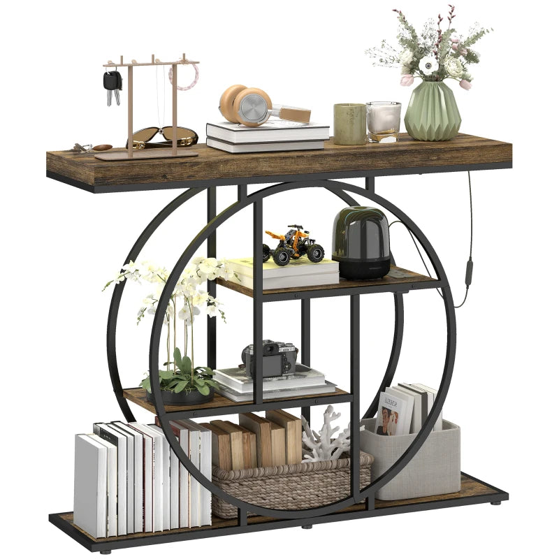 4-Tier Entryway Table with Charging Station LED Lights 39" Console Table with Circle Base for Living Room, Rustic Brown