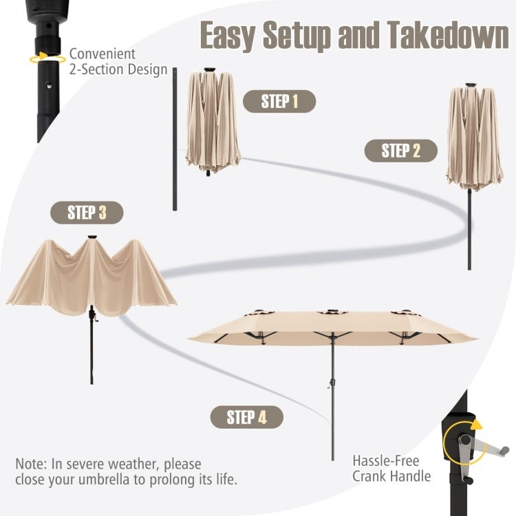 15.5 FT Extra-Large Patio Umbrella with LED Solar Lights and Crank Handle-Beige