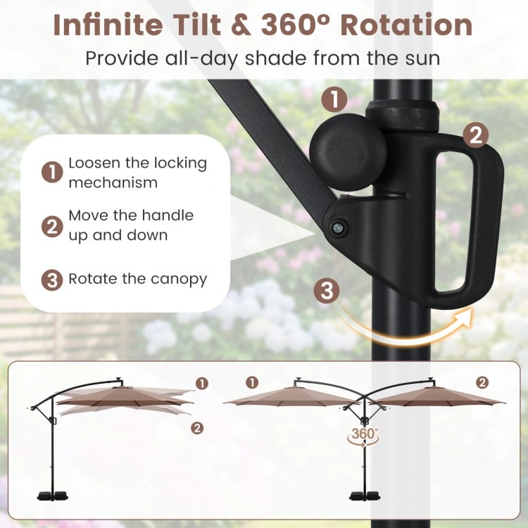 10 Feet Solar Offset Hanging Umbrella with Base and LED Lights-Coffee