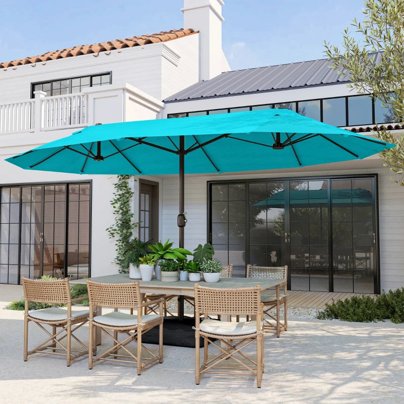 15' Outdoor Patio Umbrella with Twin Canopy Sunshade Steel Table Umbrella w/ Lift Crank, Cross base, Sandbag, Light Blue