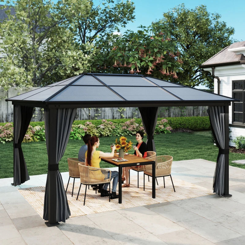 12' x 15' Hardtop Gazebo Canopy with Polycarbonate Roof, Aluminum Frame, Netting, Curtains and Ceiling Hook, Dark Grey