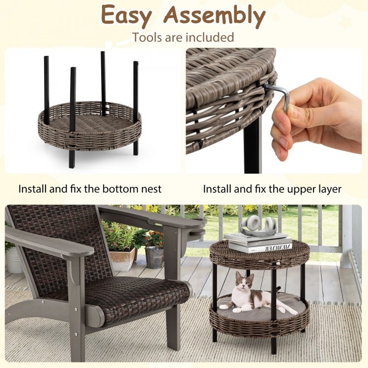 2-tier Rattan Cat Nest with Removable Padded Cushion-Gray